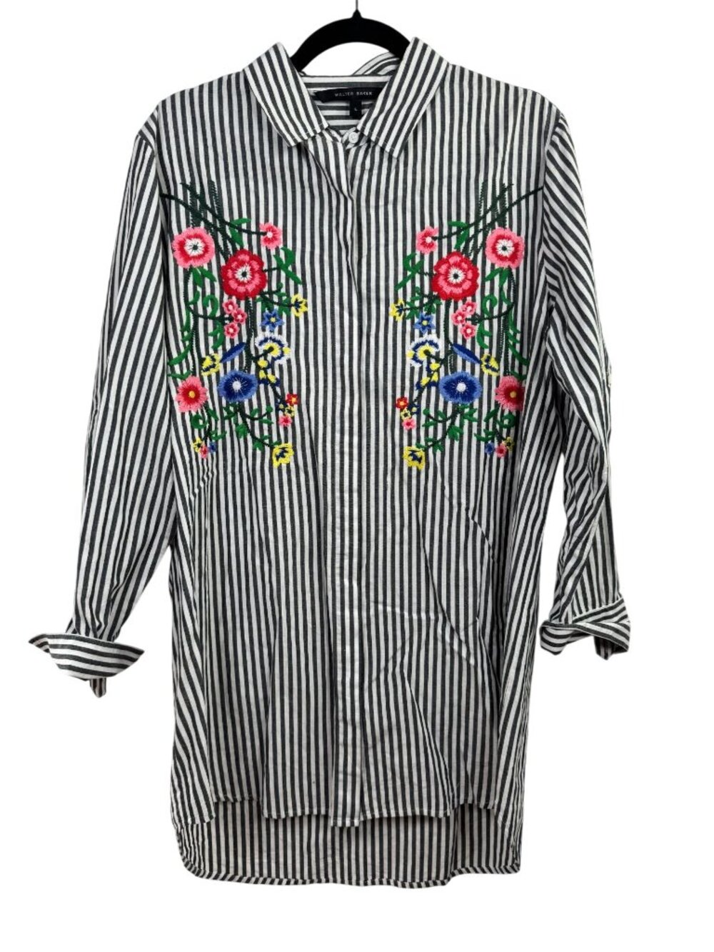 Walter Baker Striped Long Sleeve Tunic Button Up Shirt Floral Embroidered Large